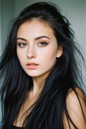 26 y.o. russian girl, eyeshadow, long eyelashes, (messy hair:0.6), film photography aesthetic, long black hair, dynamic composition, skin texture, sharp focus, hard shadows