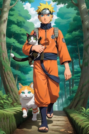 Official Art, Unity 8K Wallpaper, Super Detailed, Beautiful and Aesthetic, Masterpiece,Logo business white clean background     In the heart of his arduous journey, Naruto Uzumaki, the indomitable hero of the anime series Naruto, strides along a rugged path cutting through a lush forest. Towering trees arch overhead, their verdant leaves filtering sunlight to create a captivating play of light and shadow. Naruto, clad in his iconic orange jumpsuit and ninja headband, marches forward with unwavering determination etched across his face. Cradled in his arms is a small, fluffy cat, its curious gaze mirroring Naruto's steadfast resolve. Despite the trials they face, Naruto's expression exudes warmth and compassion as he gently holds the feline close to his heart. Together, they journey onward, their bond a testament to the enduring spirit of camaraderie amidst life's challenges., Highly Detailed, poster, clipart, chaos, elegant, brutalist design, bright colors, red, cyan, yellow, green, romanticism