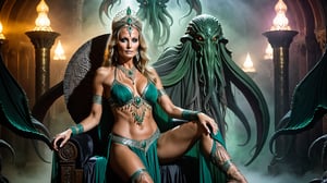 ((masterpiece, best quality)),(complex light), Bo Derek in a bellydance costume sitting at the throne of Cthulhu, cinematic lights,foggy dusty atmosphere,