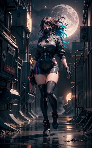 1girl, solo, cyberpunk world, center frame, (full body:1.5), (shallow depth of field), sharp focus, bokeh, red, black, cyberpunk outfit, face mask, eye-patch, dark brown eyes, long wavy hair, bangs, alleyway, buildings, dark, gritty, (foggy:1.5), midnight, (gigantic moon:1.5), moon light, clouds, lamps, RGB-colored lights, dimmed lights, backlit, (wind:1.3), greasy, burning dumpsters, graffiti, pipelines, neon signboards, reflections, glare.
<BREAK>
(masterpiece:1.4), (best quality:1.4), 8K, UHD, (HDR:1.4), (vibrant colors:1.4), (hyper photorealistic:1.4), (surrealism:1.4), high resolution, dramatic, (bloom), cinematic lighting, backlight, ultra-detailed, raytracing, intricate details, film grain, perfect hands, perfect legs, perfect body, sci-fi, cyberpunk style.