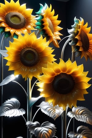 a bunch of sunflowers, made of glass but each sunflower has their own colour, sunlight shimmering off them,DonM1r0nF1l1ng5XL