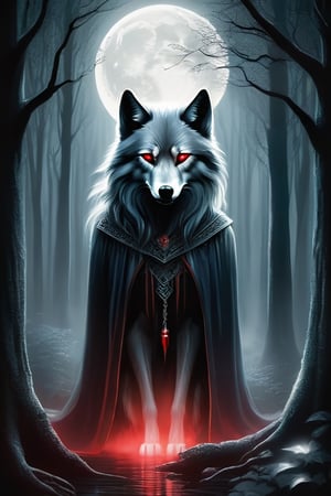 she wolf of the mist, lurking in the shadows of the trees, moon ligth beams down, relfecting her coat, her red eyes glisten, her teeth exposed