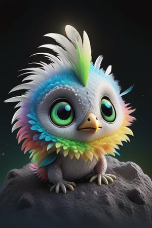 a small alien, covered in soft downy rainbow feathers, big green eyes, little beak, cute, playful,moonster