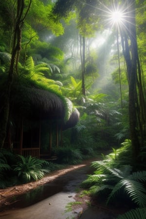 Deep within the rainforest, tall green lush trees, ferns, and flowers, along with animal life, blanket the forest floor. Sunlight streams through the tree canopy, creating a scene that is both beautiful and serene, as rain softly descends.