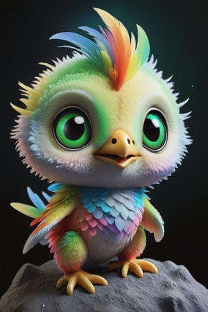 a small alien, covered in soft downy rainbow feathers, big green eyes, little beak, cute, playful,moonster