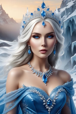 stunning ice queen, dressed in a blue gown, adorned in jewels, perfect face,DonMB4nsh33XL 