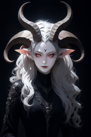 full frontal, female demon, intracate horns on top of her head, pale skin, dark eyes, dark goth makeup, ,wearing long black dress, darkness surrounds her