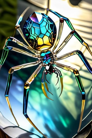 A beautiful crystal spider, hanging from its velvet thread, with colors of green, yellow and blue hues gleaming through from the sun rays.,glass art,more detail XL,BugCraft