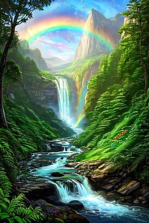 a vision of utter serenity and beauty, a trio of waterfalls flowing over a cliff, a forest of green below, a creek connected buzzing with fireflies, small ferns grow along the creek, a rainbow reflects on the waterfalls, bright shiny,