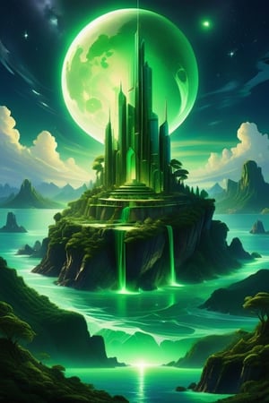 Emerald City, floatingon an island  in the sky, surrounded by the stars, glowing in the moonlight, gleaming 