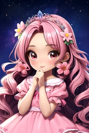 cute big eyes girl, long curly hair, wearing a flowergirl dress, bright pink dress, flower tiara in her hair,light,chibi