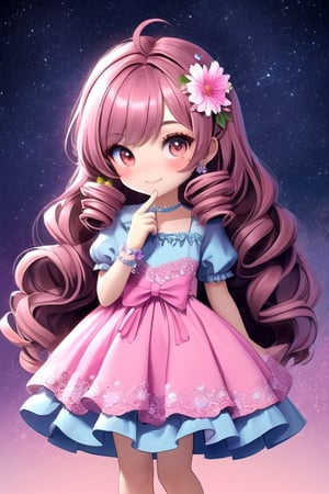 3 little flower girls, cute big eye, long curly hair, wearing a flowergirl dress, bright pink dress, flower bands in their hair, light,chibi