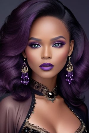 ((full frontal)), (( face, eyes and lips and nose  so perfect)) you wish she was human,with hair of purple hues wearing a dress made of black velvet, topaz jewels,More Reasonable Details