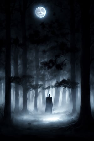 shodanSS_soul3142, dark forest, moonlight filtering through the trees, ominous demon standing in the shadows