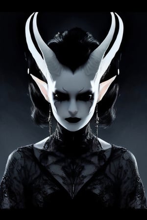 full frontal, female demon, intracate horns on top of her head, pale skin, dark eyes, dark goth makeup, ,wearing long black dress, darkness surrounds her,DonM3lv3nM4g1cXL