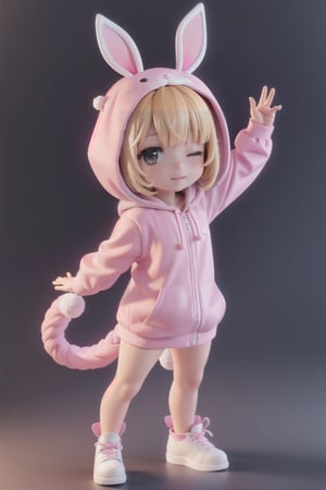solo, looking at viewer, smile, simple background, animal ears, closed mouth, standing, tail, full body, heart, one eye closed, hood, pink rabbit ears, character name, hands up, no humans, own hands together,  rabbit tail, hood up, outline, rabbit,  animal hood, animal focus, 3D