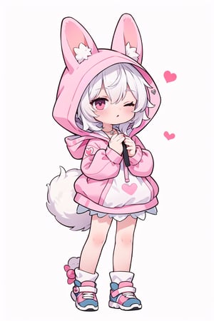 solo, looking at viewer, smile, simple background, animal ears, closed mouth, standing, tail, full body, heart, one eye closed, hood, pink rabbit ears, character name, hands up, no humans, own hands together,  rabbit tail, hood up, outline, rabbit,  animal hood, animal focus