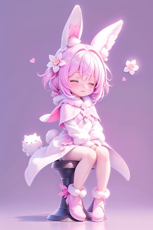 solo, smile, simple background, pink animal ears, sitting, closed mouth, tail, full body, closed eyes, flower, no humans, capelet, own hands together,  outline, rabbit, white outline, animal focus
