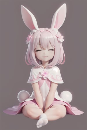 solo, smile, simple background, pink animal ears, sitting, closed mouth, tail, full body, closed eyes, flower, no humans, capelet, own hands together,  outline, rabbit, white outline, animal focus
