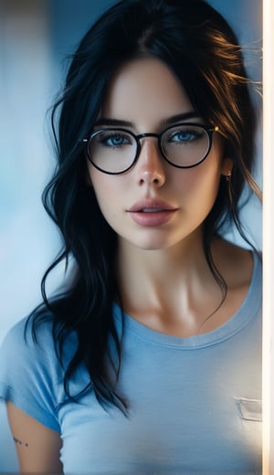 8k.raw, detailed and realistic (upper body portrait), shot outside of a woman with light freckles, round eyes and glasses, long straight black hair, wearing a blue t-shirt, blue eyes, looking at the camera, with chapped painted lips. soft natural light, portrait photography, magical photography, dramatic lighting, photorealism, ultra-detailed, intimate portrait composition, Leica 50mm, f1. 4