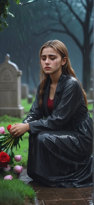 European, a teenager, masterpiece, high quality, young girl, in the cemetery under the rain, crying at the grave of her lost lover, she has flowers in her hand, the girl cries very emotionally, muslim cemetery, it says ((SPRING)) on the tombstone, drenched, professional professionalism, crooked, facing viewer, live 8k, ultra realistic, night, upper body, photo r3al, photo r3al