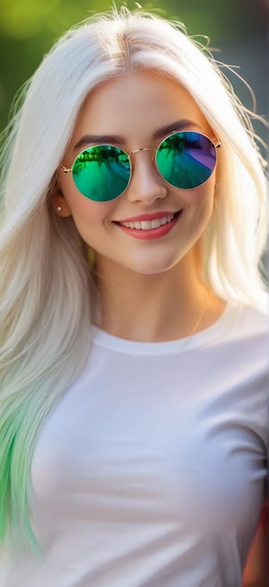 1female,28 years old,smiling,white long hair,green eyes,round sunglasses,white light green t-shirt,(best quality,high level:),(vibrant colors,color :),(bokeh),(full length portraits), (studio lighting),(ultra fine image),(sharp) focus),(highly detailed eyes, body and face),(detailed lips),(beautiful detailed eyes),(long eyelashes)