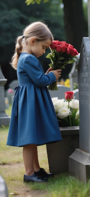 Masterpiece, high quality, 8k, European 2 people, 1girl, 30 years old, young girl, in the cemetery, at the grave of her lost lover, very sad, holding flowers, the girl is very emotional, 2-year-old son is holding the girl's hand, professional professionalism, distorted, to the viewer turned, live 8k, ultra realistic, night, upper body, photo r3al, photo r3al