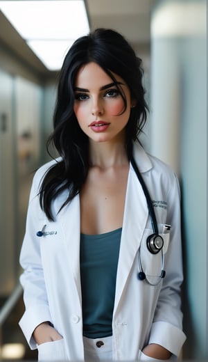 8k.raw, detailed and realistic (upper body portrait), 1 girl with a stethoscope around her neck and a doctor in the hospital with a white doctor's coat, shot outside of a girl, slightly freckled, with round eyes and glasses, with long straight black hair, wearing a white doctor's coat, looking at the camera woman with chapped painted lips. soft natural light, portrait photography, magical photography, dramatic lighting, photorealism, ultra-detailed, intimate portrait composition, Leica 50mm, f1. 4