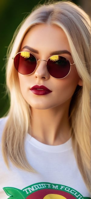 1 female, 28 years old, long blonde hair, green eyes, round sunglasses, burgundy light t-shirt, (((on the t-shirt, only 55))) it says (best quality, high level :), (vibrant colors, color :), ( bokeh),(full length portraits),(studio lighting),(ultra fine image),(sharp) focus),(highly detailed eyes, body and face),(detailed lips),(beautiful detailed eyes),(long eyelashes)