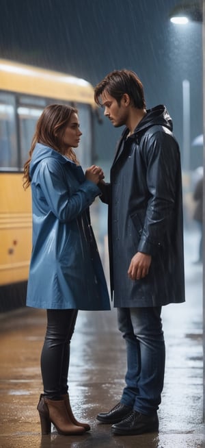 European, two young people, masterpiece, best quality, the young man and the girl are very in love with each other, they are both 28 years old. Under the rain, the girl is wearing a black raincoat and jeans underneath, and the man is wearing a blue coat and jeans, the man is on the intercity street at night ( (at the bus terminal)) extremely sad and emotional scene where she is about to break up with her lover, her hands are about to be separated from each other, shot from outside, woman about to be alone, rain, ((terminal crowd)), drenched, professional professionalism, distorted, both , facing the viewer, seen to the viewer, live 8k, ultra realistic, night, upper body, photo r3al, shooting star, photo r3al
