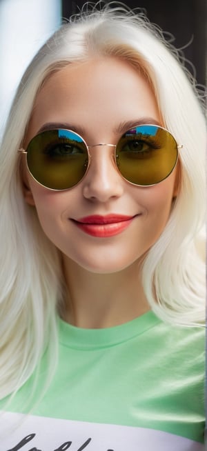 1woman,28 years old,smiling,white long hair,green eyes,round sunglasses,white open t-shirt,(((on the t-shirt,loneyl)))writes(best quality,high level :),(vibrant colors,colour :), (bokeh),(full length portraits), (studio lighting),(ultra fine image),(sharp) focus),(highly detailed eyes, body and face),(detailed lips),(beautiful detailed eyes),( long eyelashes)