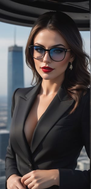 Sexy European mafia queen woman, 28 years old, on the roof of the skyscraper ((while boarding the helicopter). She has bodyguards in black suits. ((guard)) Black long hair, blue eyes, round glasses, looking at the viewer, cigar in hand, dry lips, sweaty light sexy woman with face, wide angle ((wide perspective) view), Hyper-realistic, ((wide perspective photography)) dark atmospheric lighting, digital art, modern, stylish, highly detailed, colorful, smooth, attractive, beautiful, soft smile, soft lips, sexy,(((mafia) style))