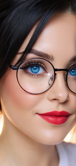 1female,28 years old,smiling,black hair,blue eyes,round glasses,white t-shirt,(best quality,high level:),(vibrant colors,color:),(bokeh),(all length portraits),(studio lighting),(ultra fine image),(sharp) focus),(highly detailed eyes,body and face),(detailed lips),(beautiful detailed eyes),(long eyelashes)