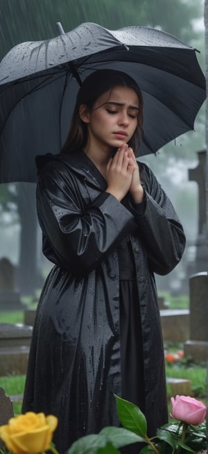 European, a teenager, masterpiece, high quality, young girl, in the cemetery under the rain, crying at the grave of her lost lover, she has flowers in her hand, the girl cries very emotionally, muslim cemetery, it says ((SPRING)) on the tombstone, drenched, professional professionalism, crooked, facing viewer, live 8k, ultra realistic, night, upper body, photo r3al, photo r3al