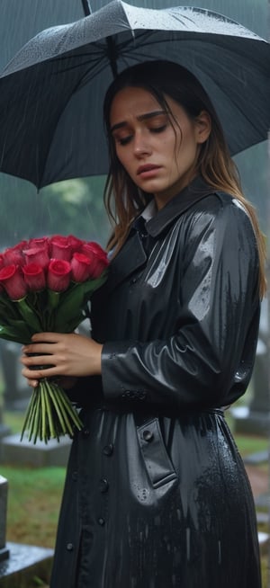 Masterpiece, good quality, 8k, European girl, 28 years old, young girl, in the cemetery under the rain, crying at the grave of her lost lover, holding flowers, the girl is very emotional, her two friends are consoling the girl, drenched, professional professionalism, distorted, facing the viewer, live 8k, ultra realistic, night, upper body, photo r3al, photo r3al