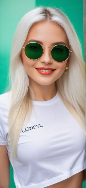 1woman,28 years old,smiling,white long hair,green eyes,round sunglasses,white open t-shirt,(((on the t-shirt,loneyl)))writes(best quality,high level :),(vibrant colors,colour :), (bokeh),(full length portraits), (studio lighting),(ultra fine image),(sharp) focus),(highly detailed eyes, body and face),(detailed lips),(beautiful detailed eyes),( long eyelashes)