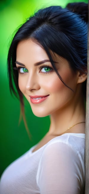 1woman,28 years old,smiling,black hair,green eyes,casual clothes,(best quality,high level:),(vivid colors,color:),(bokeh),(portraits),(studio lighting) ),(ultra thin image),(sharp) focus),(highly detailed eyes and face),(detailed lips),(beautiful detailed eyes),(long eyelashes)