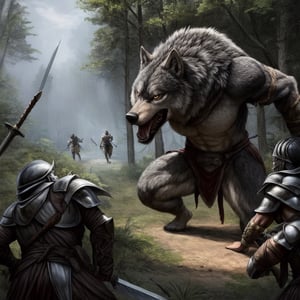 A chaotic battle between the female warriors of a barbarian anthro wolf tribe and human knights clad in steel armor. The forest serves as a backdrop as the ferocious warriors, wearing fur loincloths, launch a surprise ambush on the unsuspecting knights. The savage women, with their animalistic instincts, expertly navigate through the trees, using their agility and cunning to outmaneuver the heavily armored soldiers. They brandish crude but effective weapons such as axes, swords, and spears, expertly wielded with the strength and ferocity of their wild ancestors