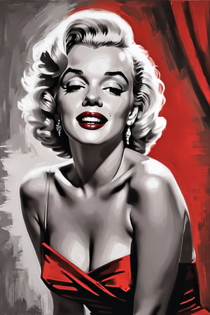 A stunning black and white portrait painting capturing the iconic beauty of Marilyn Monroe. She is wearing a red dress with a plunging neckline, her signature blonde hair cascades down her shoulders. The background is a simple yet elegant, slightly blurred design in shades of grey. The painting exudes a classic Hollywood glamour feel, with a touch of vintage and nostalgia.,lois