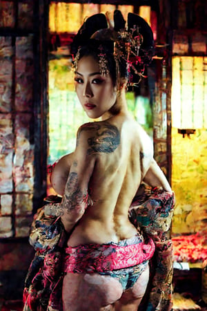(8K, Original Photo, Highest Quality, Masterpiece: 1.2), (Realistic, Realistic: 1.3), Sharp Focus, (NSFW), 1 Woman, 40 Years Old, Nude, Accurate Anatomy of Body and Hands, Yoshiwara of the Edo Period, Sexy Oiran, Oiran After Love, Illuminated by the dim light of Ando Lamp, Enchanting, Sexy, Charming, Erotic, Beautiful Face, Delicate and Perfect Face, Ruddy Cheeks, Uniform Eyes, Tear Moles, Beauty Moles, Perfectly proportioned, perfectly round big breasts, clear nipples, moles on the chest, navel, wide buttocks, sexy thighs, open kimono, ((darkroom)), futon, exposure -3 down