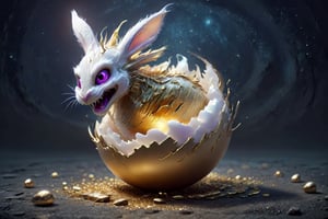 futuristic background, rabid, mad, nightmare, easter bunny, coming out of a cracking egg, gold trim, nightmare_moon,BugCraft,Disney pixar style