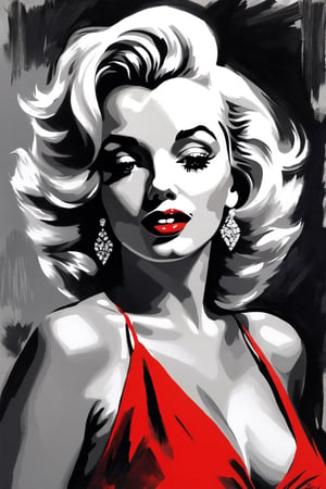A stunning black and white portrait painting capturing the iconic beauty of Marilyn Monroe. She is wearing a red dress with a plunging neckline, her signature blonde hair cascades down her shoulders. The background is a simple yet elegant, slightly blurred design in shades of grey. The painting exudes a classic Hollywood glamour feel, with a touch of vintage and nostalgia.,lois,girl,darktattoo,lotus tattoo,Megan_Fox,dragon tattoo