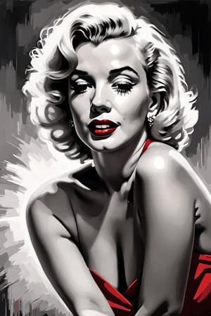 A stunning black and white portrait painting capturing the iconic beauty of Marilyn Monroe. She is wearing a red dress with a plunging neckline, her signature blonde hair cascades down her shoulders. The background is a simple yet elegant, slightly blurred design in shades of grey. The painting exudes a classic Hollywood glamour feel, with a touch of vintage and nostalgia.,lois