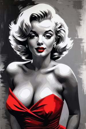 A stunning black and white portrait painting capturing the iconic beauty of Marilyn Monroe. She is wearing a red dress with a plunging neckline, her signature blonde hair cascades down her shoulders. The background is a simple yet elegant, slightly blurred design in shades of grey. The painting exudes a classic Hollywood glamour feel, with a touch of vintage and nostalgia.,lois,girl