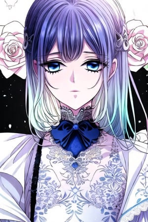 a little girl with degrade color hair betwen prim/pale rose and blue hair bangs with blue ocean beautiful eyes with victorian outfit with a beautiful and cute face and nice clothes with a lot of colorful flowers ilustration, high quality, very detailed eyes and colorful dress who has a warm feeling 