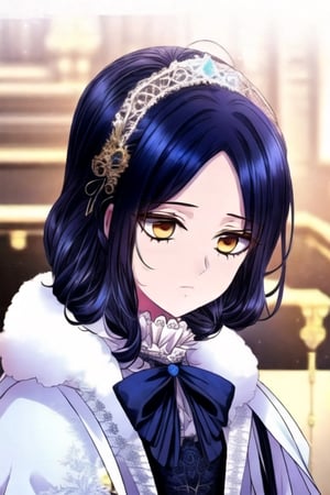 a little girl with  blue navy hair and golden eyes using a victorian outfit