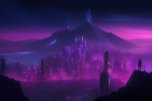 ciudad estilo cyberpunk de noche con una montaña de fondo