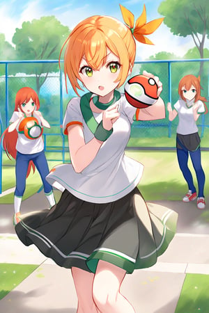 Nemona wearing the clothes of misty, fighting position and holding the pokeball, in school playground, exciting face