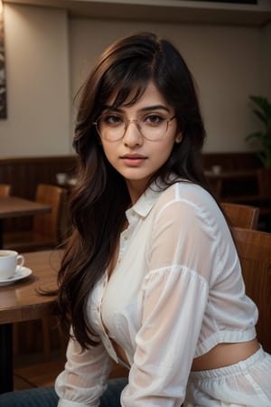There a woman young beautiful.
Indian woman, face features like kriti kharbanda, Realism, Portrait
,Raw photo,photorealistic, bangs long hair with jet black shade,
Wearing white designer shirt and glasses seating in cafe.,masterpiece