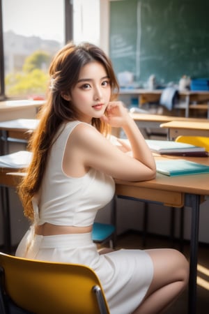 1girl, sitting inside college classroom (behind a desk:1.3), (window to her side:1.2), (sunlight falling on her face:1.1), (white Chiffon), (full body:1.1), (photorealistic:1.4), (masterpiece:1.0), full face visible, fashionable, 8k, intricate details, lifelike texture, beautiful face, perfect female body, realistic features, perfect face, beautiful face, beautiful eyes, beautiful lips, realistic lips, realistic fingers, sharp focus, (classroom setting:1.3), classroom background,beauty,pretty girl